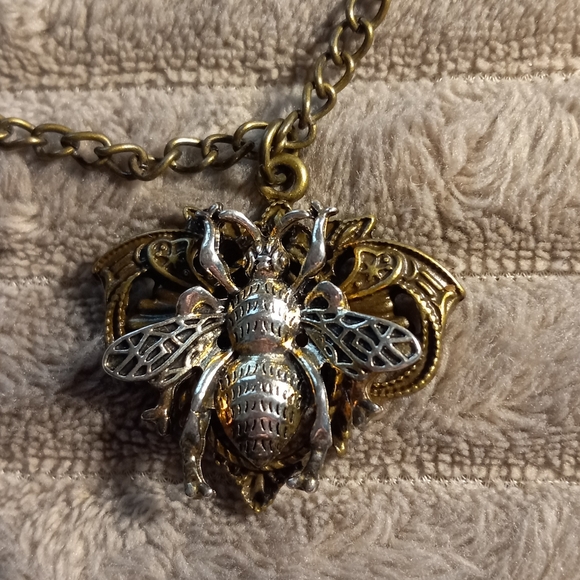 Hand Crafted Bee Necklace 3D Bronze And Silvertone Necklace - Picture 1 of 4